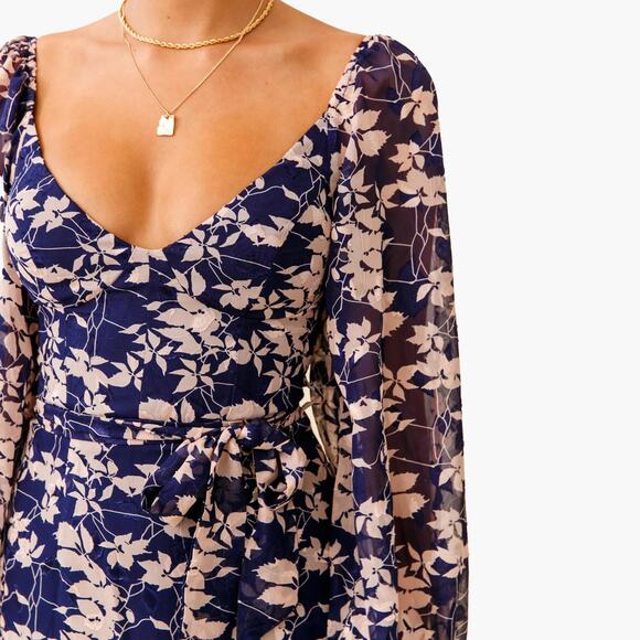 NWT PETAL + PUP Floral Puff Sleeve Ruffle Hem Mini Dress (Navy/Beige | Size 4) - Picture 8 of 11